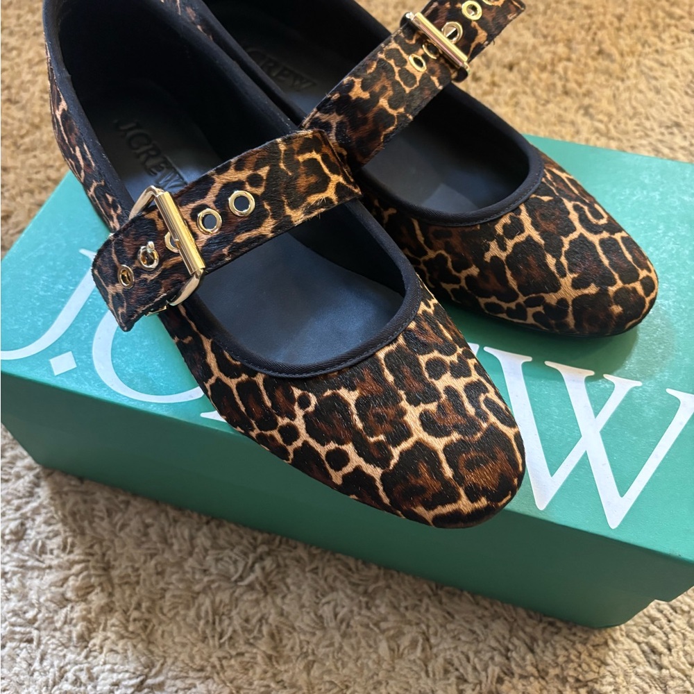 J. Crew Leopard Print block heels with Gold Buckle